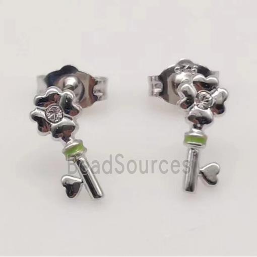 sterling silver Earring studs, key charm, enamel