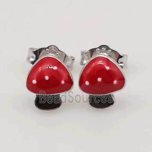 Sterling Silver Mushroom Stud Earring Red Enamel