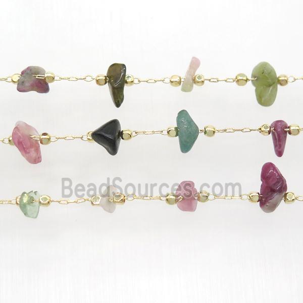 multicolor Tourmaline chip chain, gold plated