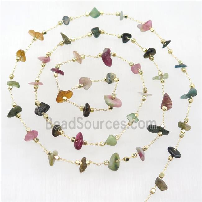 multicolor Tourmaline chip chain, gold plated