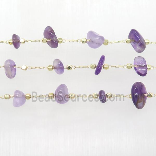 purple Amethyst chips beads chain, gold plated