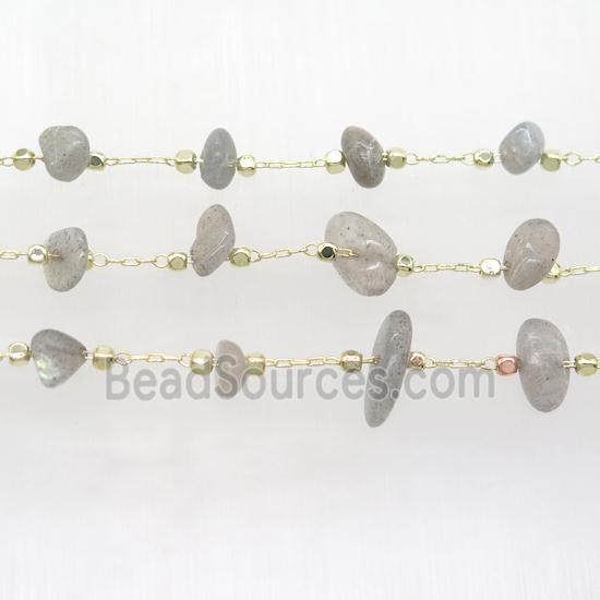 Labradorite beads chip chain, gold plated