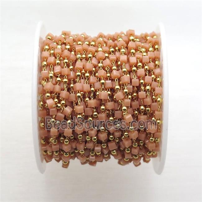 copper chain with peach crystal glass cube beads, gold plated