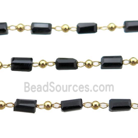 copper chain with black crystal glass beads, tube, gold plated