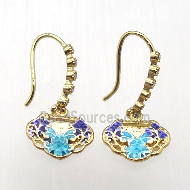 copper hook earrings paved zircon with enameling lock, gold plated