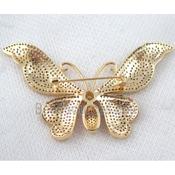 copper butterfly brooch paved zircon, gold plated