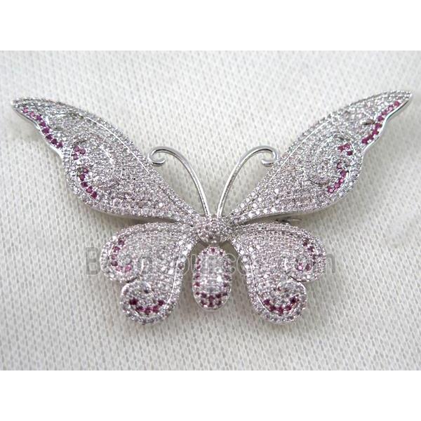 copper butterfly brooch paved zircon, platinum plated