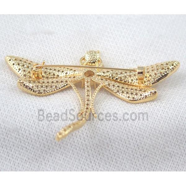 copper dragonfly brooch paved zircon, gold plated