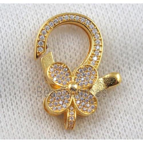 copper Lobster Clasp paved zircon, clover, gold plated