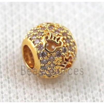 copper round beads paved zircon, hollow, gold plated