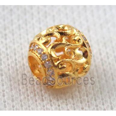 round copper beads paved zircon, hollow, gold plated