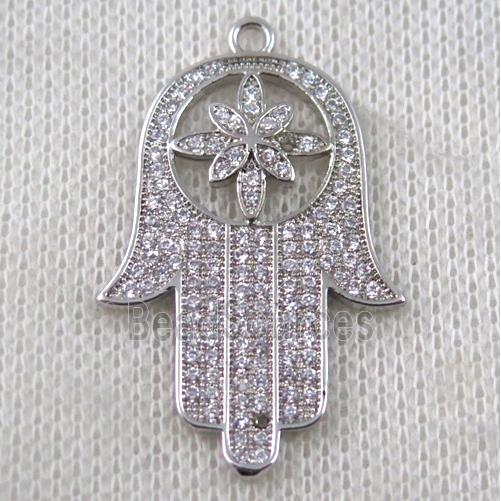 copper hamsahand pendant paved zircon, platinum plated