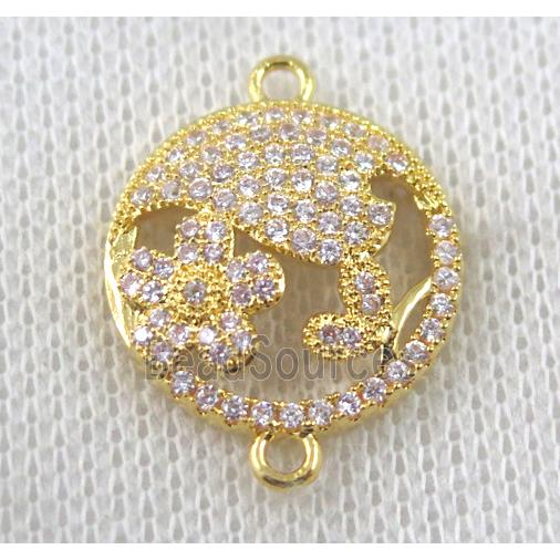 copper circle connector paved zircon with flower, gold plated