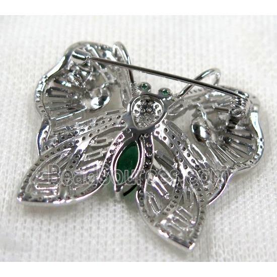 copper butterfly brooch paved zircon, platinum plated