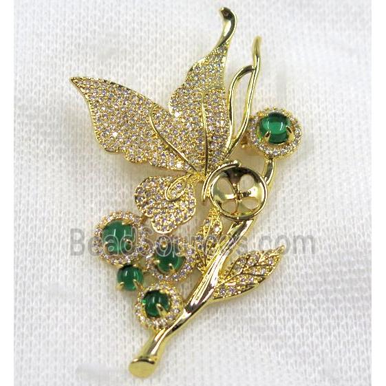 copper brooch paved zircon, gold plated