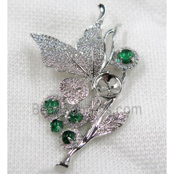 copper brooch paved zircon, platinum plated