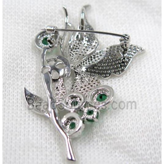 copper brooch paved zircon, platinum plated