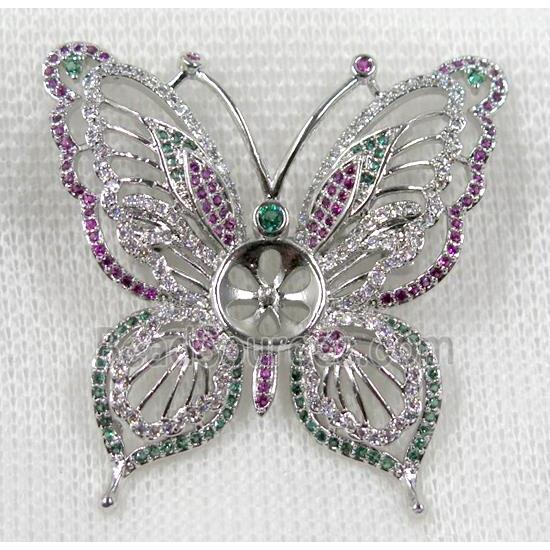 copper butterfly brooch paved zircon, platinum plated