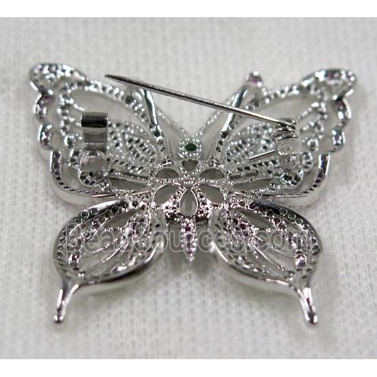 copper butterfly brooch paved zircon, platinum plated