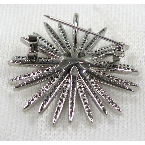 copper sunflower brooch paved zircon, platinum plated