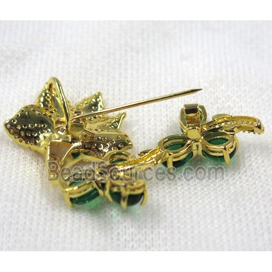 copper brooch paved zircon, gold plated, flower