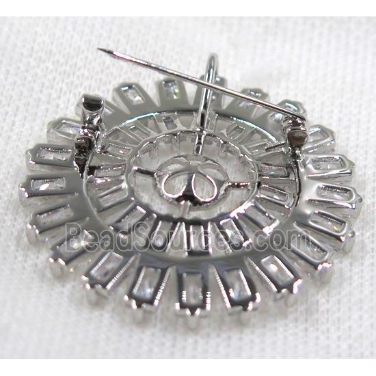 copper brooch paved zircon, platinum plated