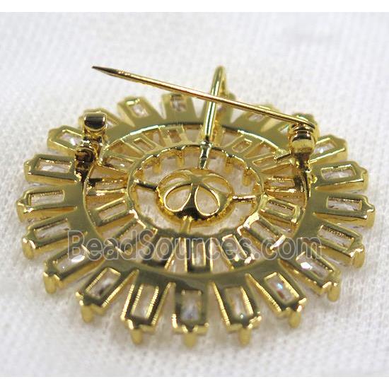 copper brooch paved zircon, gold plated