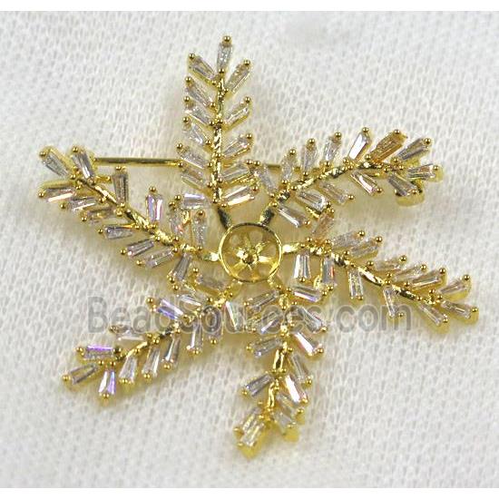 copper flower brooch paved zircon, gold plated