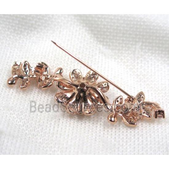 copper flower brooch paved zircon, rose gold