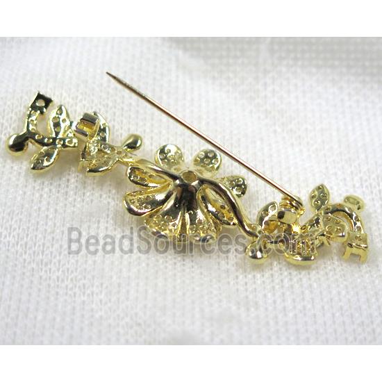 copper flower brooch paved zircon, gold plated