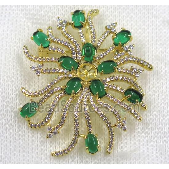copper flower brooch paved zircon, gold plated