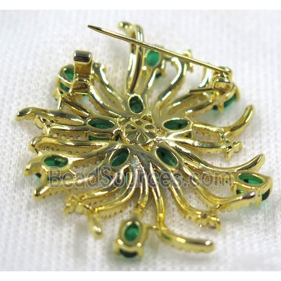 copper flower brooch paved zircon, gold plated