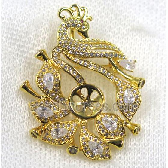 copper peacock brooch paved zircon, gold plated