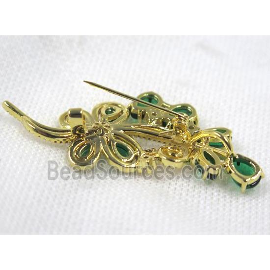 copper brooch paved zircon, gold plated