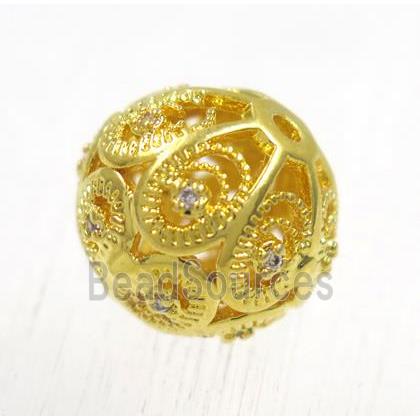 round copper beads pave zircon, gold plated