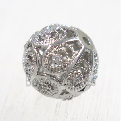 round copper beads pave zircon, platinum plated