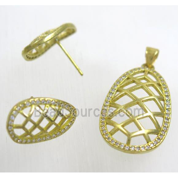 Raw Brass pendant and earring studs paved zircon