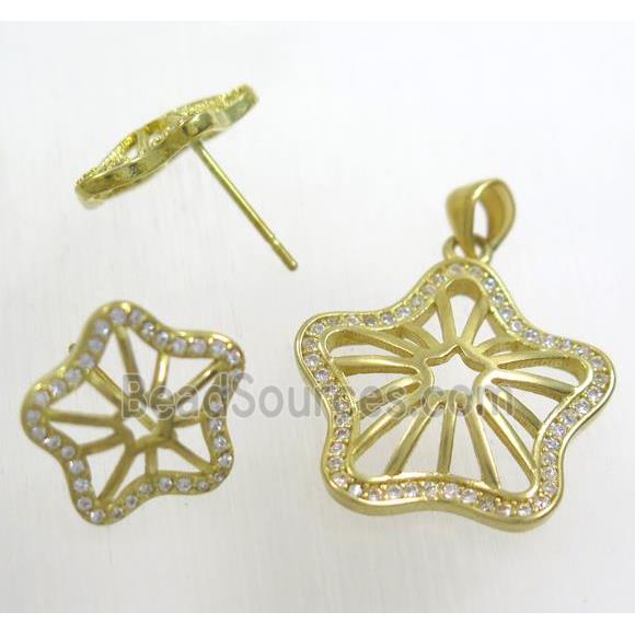 Raw Brass pendant and earring studs paved zircon