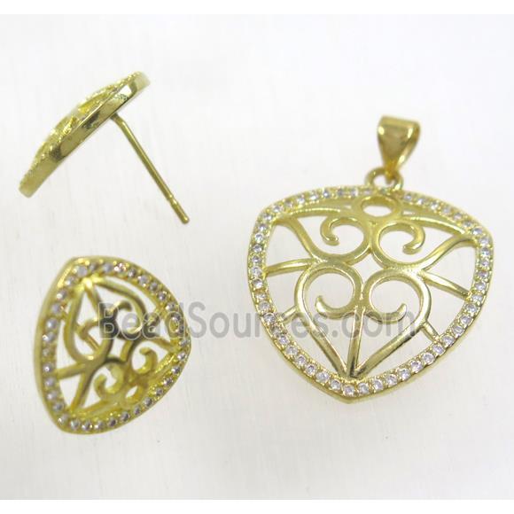 Raw Brass pendant and earring studs paved zircon