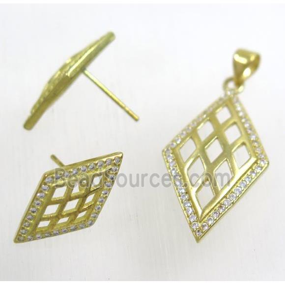 Raw Brass pendant and earring studs paved zircon