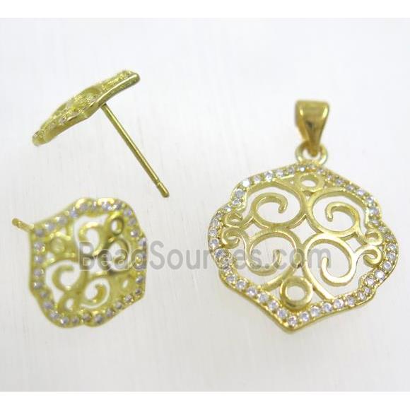 Raw Brass pendant and earring studs paved zircon