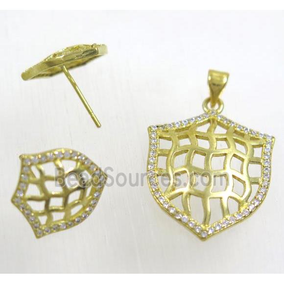 Raw Brass pendant and earring studs paved zircon