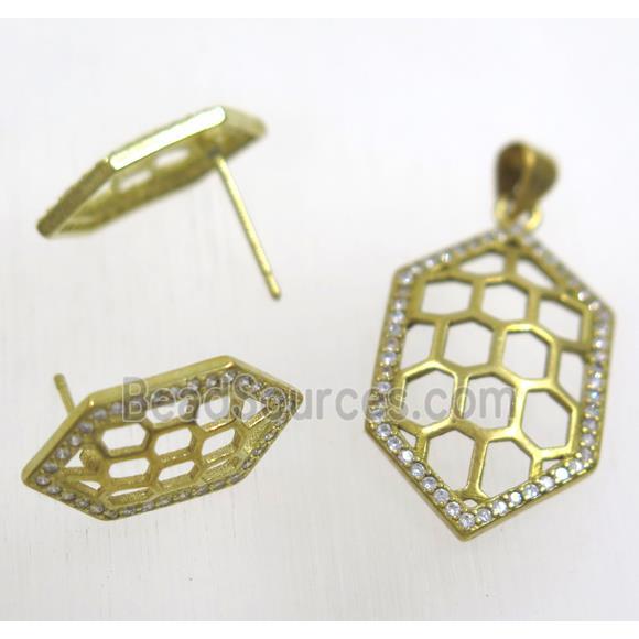 Raw Brass pendant and earring studs paved zircon