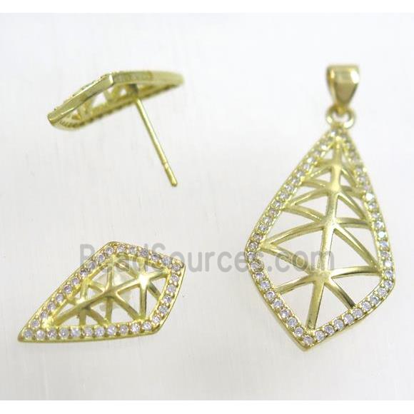 Raw Brass pendant and earring studs paved zircon