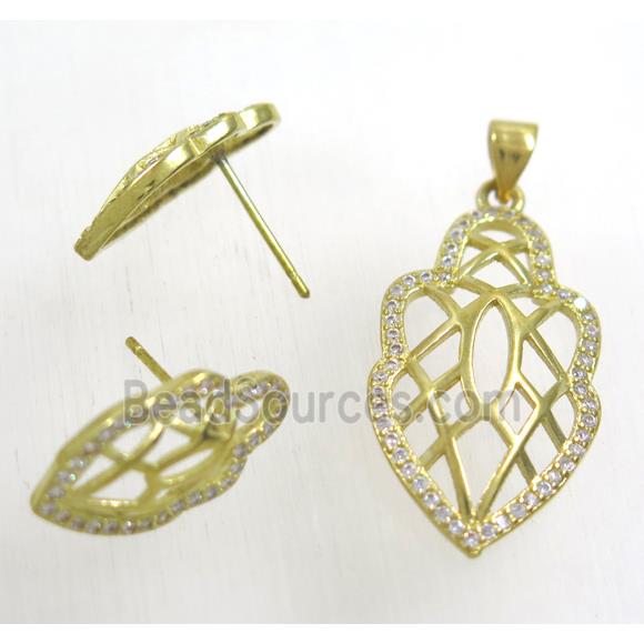 Raw Brass pendant and earring studs paved zircon