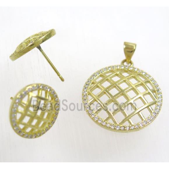 Raw Brass pendant and earring studs paved zircon