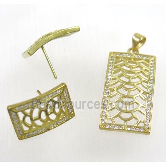 Raw Brass pendant and earring studs paved zircon