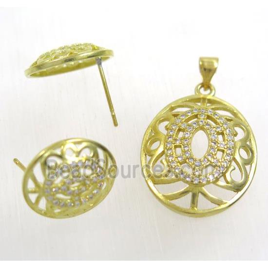 Raw Brass pendant and earring studs paved zircon