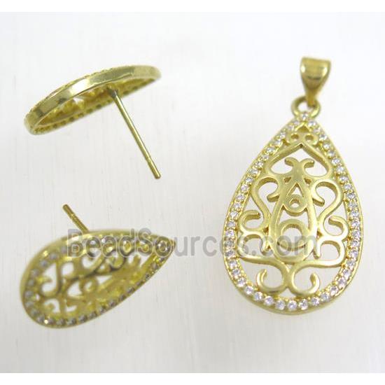 Raw Brass pendant and earring studs paved zircon