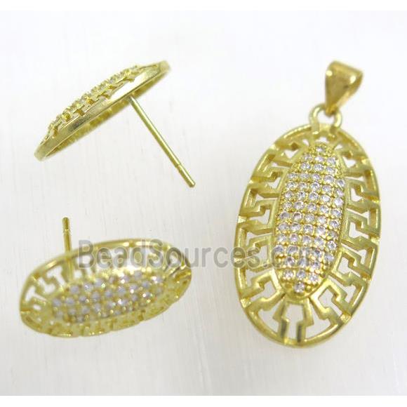 Raw Brass pendant and earring studs paved zircon